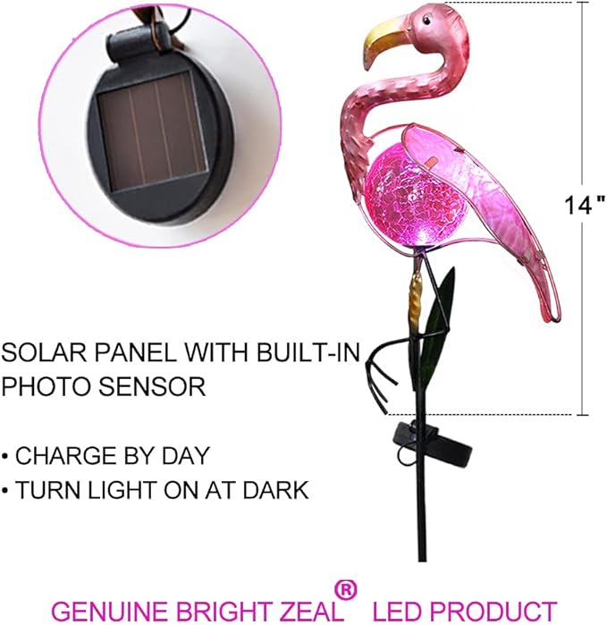Bright Zeal 14" Big Metal Outdoor Solar Lights Waterproof Flamingo Garden LED Stake Light - Solar Pink Flamingos Yard Ornaments - Stake Lights Yard Decor Metal Yard Art