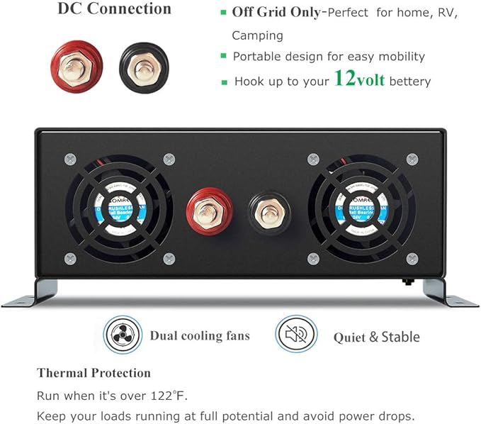 WZRELB 1000W 12V 120V Pure Sine Wave Power Inverter with 2 AC Outlets,Car Inverter