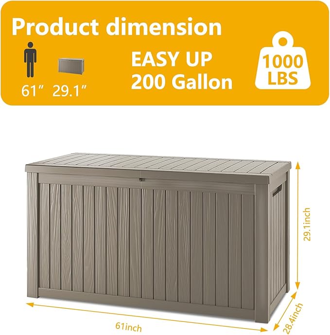 200 Gallon Deck Box, Resin Outdoor Indoor Waterproof Storage Box, Lockable Storage Box With Handle for Patio Furniture - Garden Tools - Swimming Pool Tools UV-Resistant, Grey