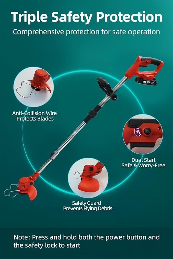 Cordless String Trimmer, Weed Wacker, Nylon Trimmer Head as Its Core Cutting Accessory, Telescopic Shaft and Foldable, 2 x Batteries, String Trimmer Cordless for Lawn, Garden and Yard, Red