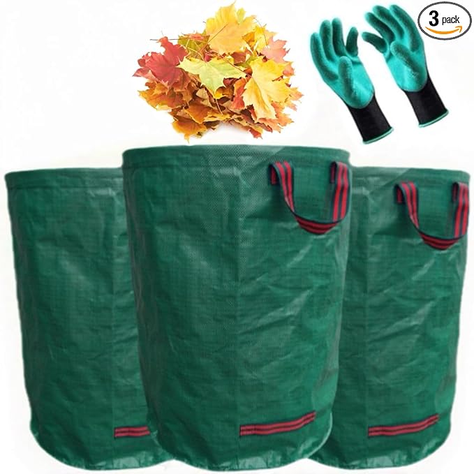 3-Pack 72Gallons Reusable Yard Waste Bags,Leaf Bags,Heavy Duty Garden Bags(26"D x 30"H) With 4 Handles,and With Gardening Gloves,For Lawn Yard Pool Plant Trash Trimming etc..