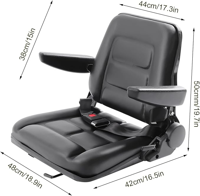 Lawn Mower Seat, Garden Tractor Seat, Tractor Suspension Seat, PVC Tractor Seats Universal Fold Down Forklift Seat with Adjustable Angle Back, Armrest and Safety Belt