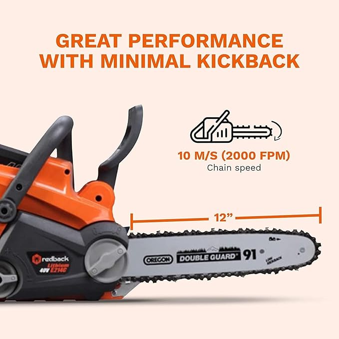 Redback Battery Powered Chainsaw Reliable 40V Cordless Chainsaw with 10m/s Chain Speed Gas Chainsaw Alternative Modern Lawn Care Equipment for Felling and Bucking with 2.0AH Battery Charger