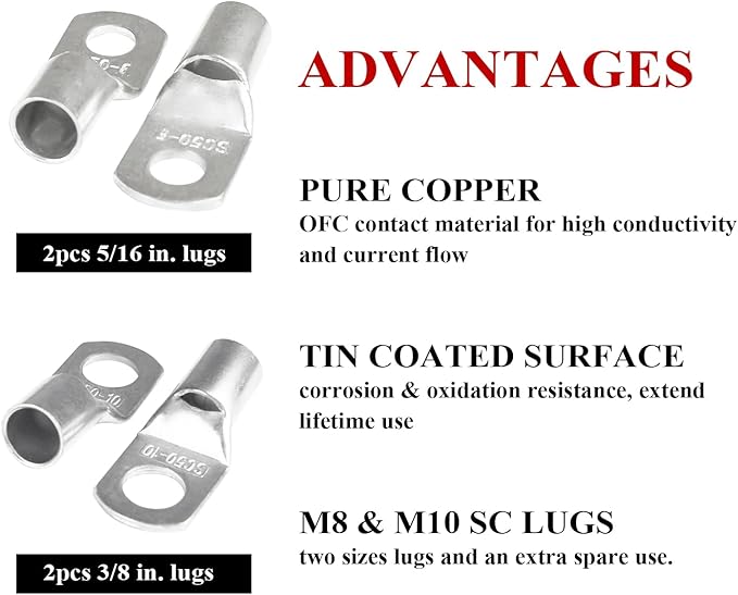 2 Gauge Battery Welding Cable (Red, 5 Feet) - Copper Clad Aluminum Power Wire with SC Cable Lug Ends in M8 & M10 Lugs for Car, Camper, RV, Solar Low Voltage Wiring