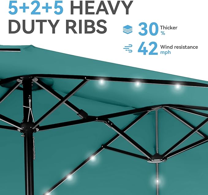 GREEN PARTY 15 ft Rectangle Patio Umbrella with Solar Lights and Base Included, Double-Sided Market Table Umbrella with Crank, Large Outdoor Umbrellas for Patio Poolside Garden Backyard, Turquoise