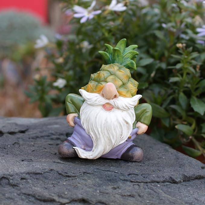 Purple Star Mini Pineapple Gnome Fairy Garden Gnome Miniature Figurines for Fairy Garden Accessories Outdoor Small Resin Gnomes Statue Decor for Plant Pot Decorations Green