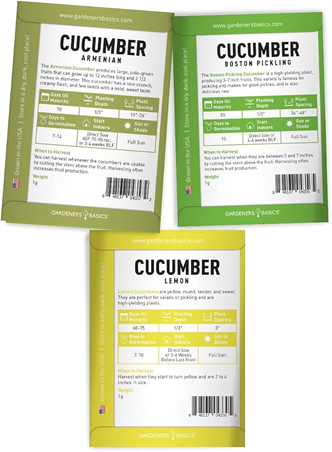 Gardeners Basics, Cucumber Seeds for Planting Outdoors 5 Variety Pack Armenian, Boston Pickling, Lemon, Spacemaster, Straight Eight Veggie Seeds