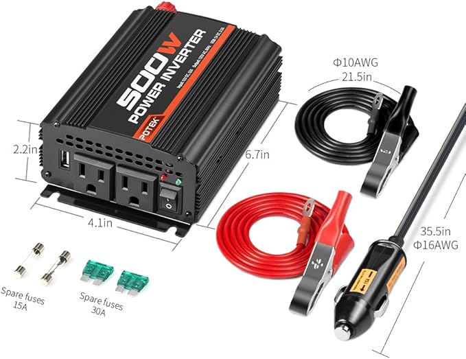 POTEK 500W Power Inverter/Car Inverter DC 12V to AC 110V Dual AC Charging Port and 2A USB Ports for Laptop, Smart Phone