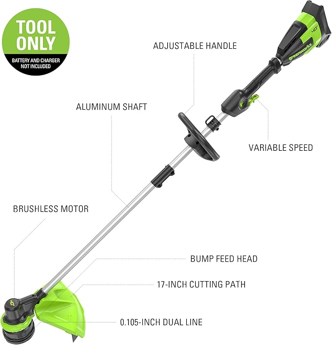 Greenworks 40V 17-Inch Brushless String Trimmer, Battery and Charger Not Included