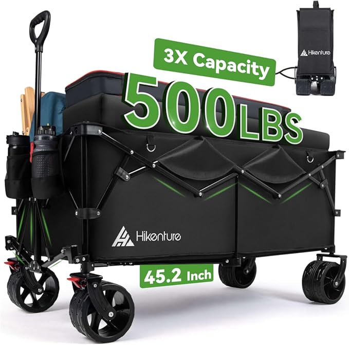 Hikenture Extended Collapsible Wagon, 500 LBS Wagons Carts Foldable, Heavy Duty Beach Wagon with Big Wheels for Sand, 300L Large Capacity Foldable Wagons, Utility Grocery Cart for Garden, Sports