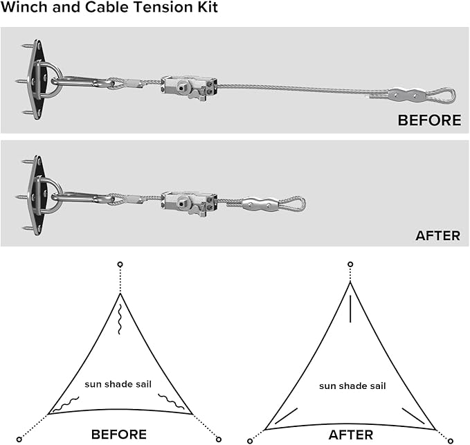 Sun Shade Sail Hardware Kit- 18' Ft (6'x3) Steel Tension Cable with Winch Kit Pad Eyes Snap Hooks Sunshades Installation Kit for Triangle Shade Sails Deck Patio Yard