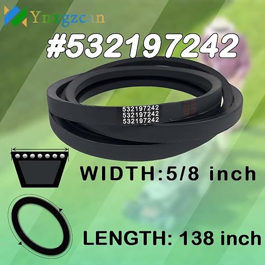 532197242 5/8" W x 138.2" L Mower Deck Belt 48 Inch Replacement Compatible with Husqvarna Poulan Craftsman AYP Jonsered Replace 197242 33154 lt155 z425 z246 yth24v48 48 inch Mower Belt