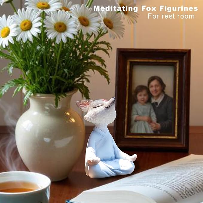 Meditating Buddha Fox Statue Resin Zen Animal Sculpture Yoga Figurine Indoor Outdoor Fengshui Decor for Patio Garden Yard Lawn Tabletop Planter Ponds Pot Bookshelf Ornaments Gifts White