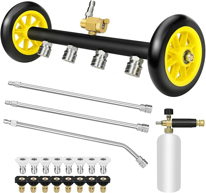 JANZ 16'' Pressure Washer Undercarriage Cleaner and Water Broom Attachment with Foam Cannon, 3 Pcs Extension Wands and 16 Nozzles - 4000PSI, 1/4'' Connector - for Electric and Gas Power Washers