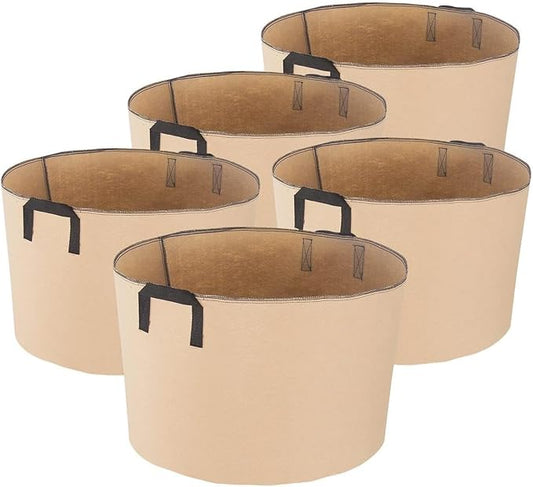 iPower 5-Pack 15 Gallon Plant Grow Bags Thickened Nonwoven Aeration Fabric Pots Heavy Duty Durable Container, Strap Handles for Garden, Tan