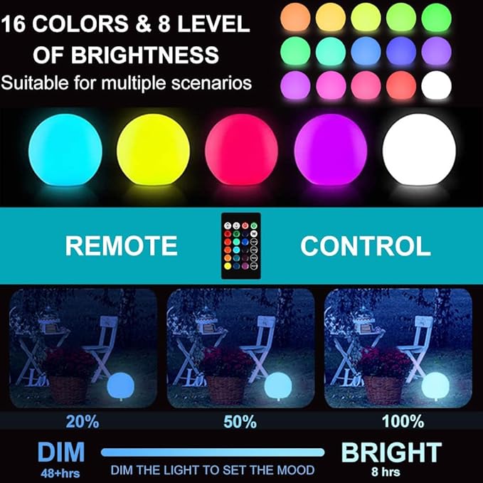 12-inch Dimmable Solar Globe Light, RGB 16 Color Changing Large Glowing Orb Light w/Remote, Waterproof Outdoor Solar Ball Lights with Ground Stake, Perfect for Backyard Garden Poolside