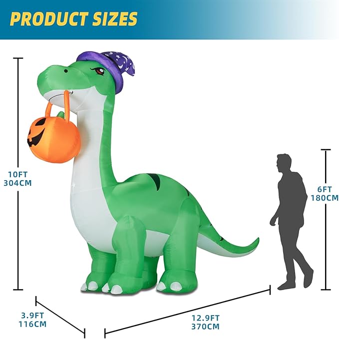 ININ 10FT Giant Halloween Inflatable Dinosaur Decorations Outdoor,Halloween Blow Up Yard Decorations Built-in LED Lights,Halloween Party Decor,for Yard/Lawn/Garden.