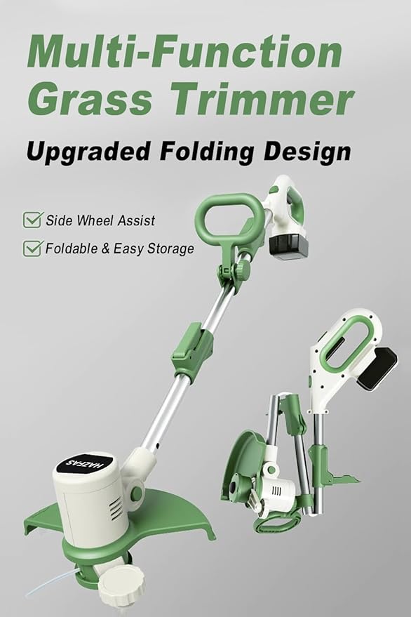 Cordless String Trimmer, Foldable Design with Adjustable Handle Trimmer Lawn, Weed Wacker with 2 x Batteries, Safe Reliable Edger Lawn Tool, Electric Weed Eater, White Green