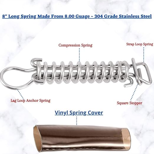 Wood Grip 10 Pack Swimming Pool Cover Stainless Steel Spring with Stopper D Ring and Protective Vinyl Spring Cover - for Winter Safety Pool Covers (10)