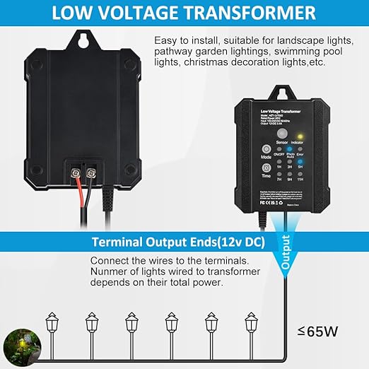 65W Low Voltage Landscape Transformer, RWUSNX Outdoor Landscape Lighting Transformer with Timer and Photocell Sensor, 120V AC to 12V DC Weatherproof for Spotlight, Garden Light, Pathway Light