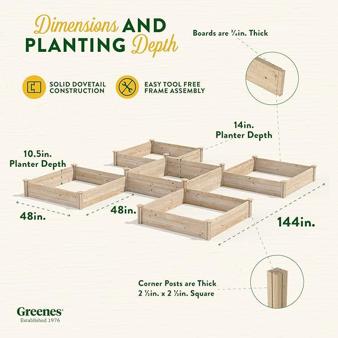 Greenes Fence Original Pine Raised Garden Bed, 80 Sq. Ft. 12' x 12' x 10.5-14" - Made in USA with American Pine
