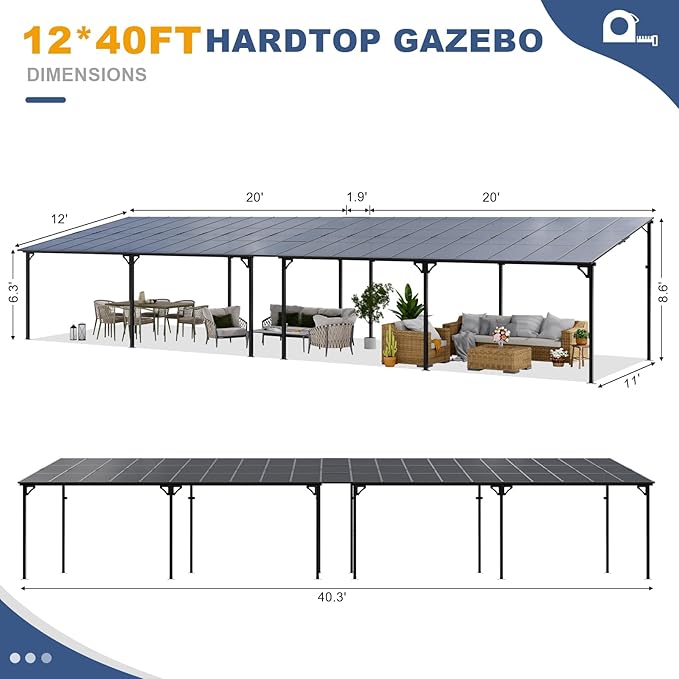 MEISSALIVVE 12' x 40' Gazebo, Wall Mounted Gazebo, Lean to Metal Awnings Gazebos with Sloped Roof, Outdoor Patio Awning for Backyard, Deck, Black