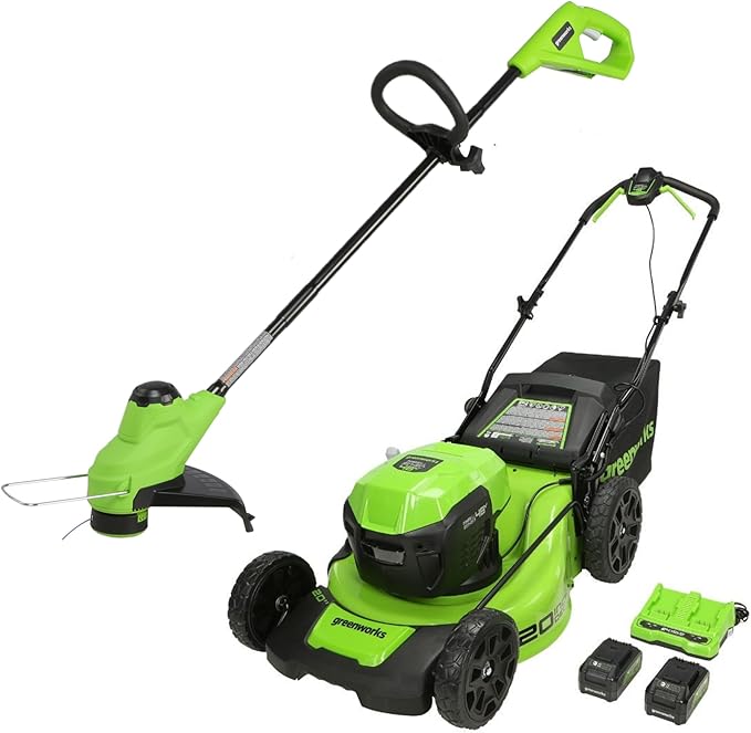 Greenworks 48V (2x24V) 20" Cordless pushMower & 10" String Trimmer Combo Kit – Ideal for Backyard Lawn Grooming, Edge Trimming & Small Garden Maintenance – W/ (4) 4.0Ah Batteries & Dual Port Charger