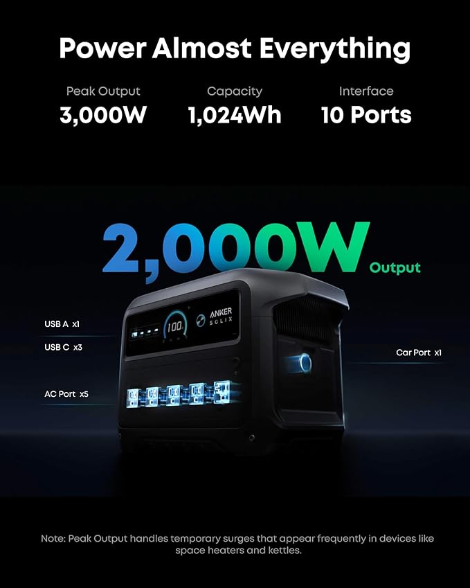 Anker SOLIX C1000 Gen 2 Portable Power Station with 200W Bifacial Solar Panel, 2,000W (Peak 3,000W) Solar Generator, Full Charge in 49 Min, 1,024Wh LiFePO4 Battery