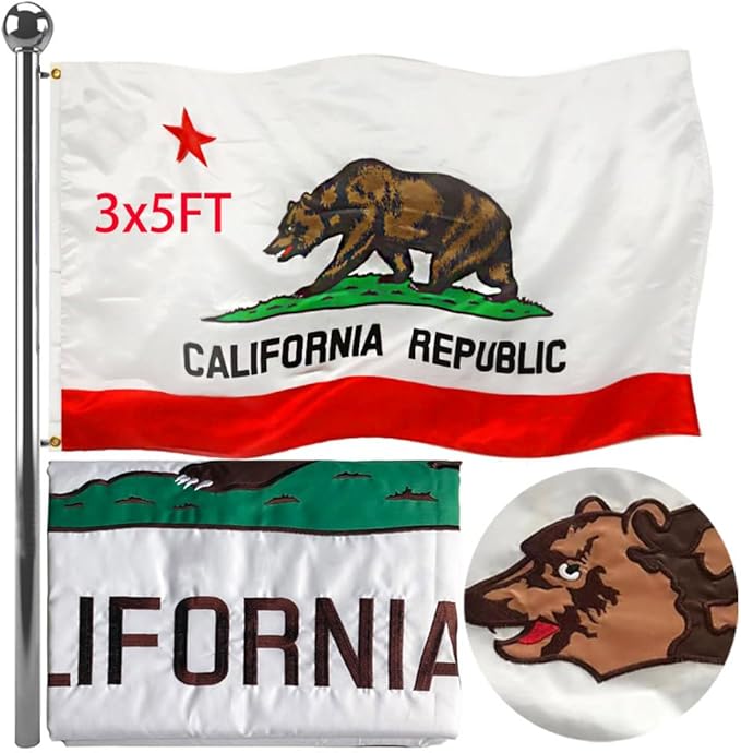 Jayus Double Sided Embroidered California Republic Sates Flags 3x5 FT Outdoor - 340D Heavy Duty Nylon Californian Cali CA Bear Flag Banner with 2 Grommets