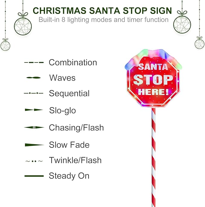 Christmas Santa Stop Here Sign with 30 Multi-color LEDs Battery Operated with Timer Christmas Stop Sign with Base & Stake Xmas Party Landscape Patio Decor