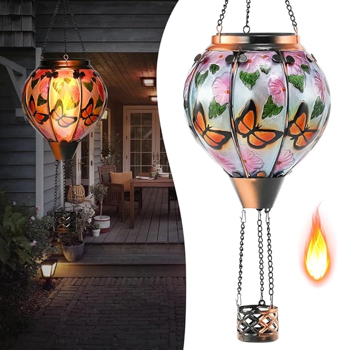 Hot Air Balloon Solar Lantern - Butterfly Stained Glass Lantern, Simulated Flickering & Dancing Flame, Outdoor Hanging Yard Light Waterproof IP65 for Patio Lawn Porch Decor Gift