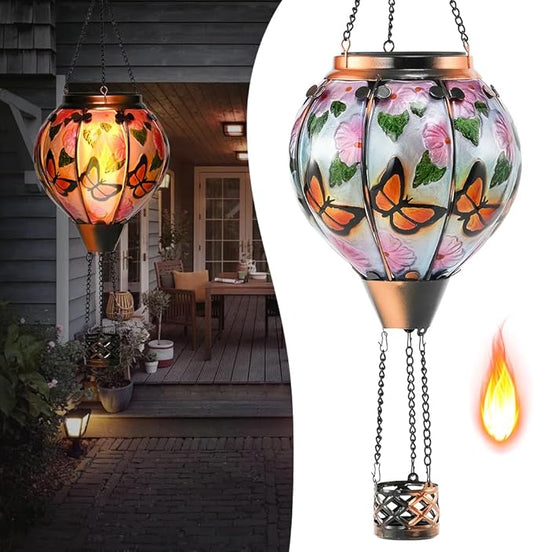 Hot Air Balloon Solar Lantern - Butterfly Stained Glass Lantern, Simulated Flickering & Dancing Flame, Outdoor Hanging Yard Light Waterproof IP65 for Patio Lawn Porch Decor Gift