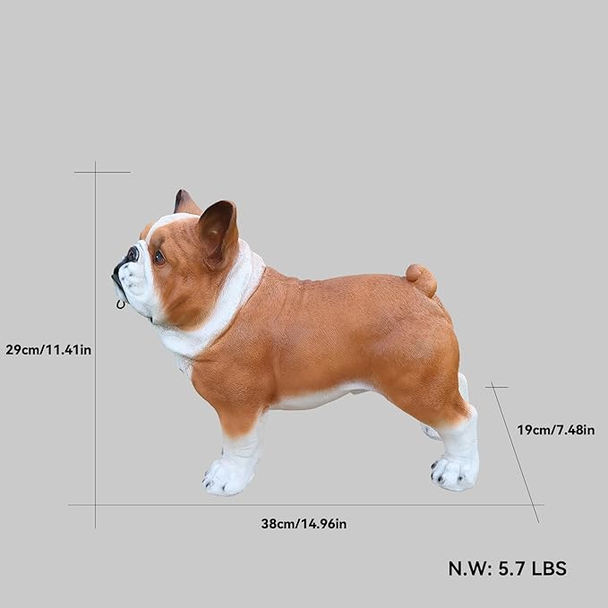 French Bulldog Outdoor Dog Statue with Reversible “Welcome/ON Patrol” Hanging Plaque and Solar Walkway Lantern, Brown & White Standing Yard Accent