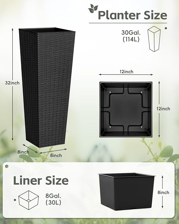 Greesum Large Tall Planter for Outdoors Plants, Set of 2, 32" Tall Plastic Flower Pots, Tapered Porch Planter with Drainage Holes for Patio, Backyard, Black