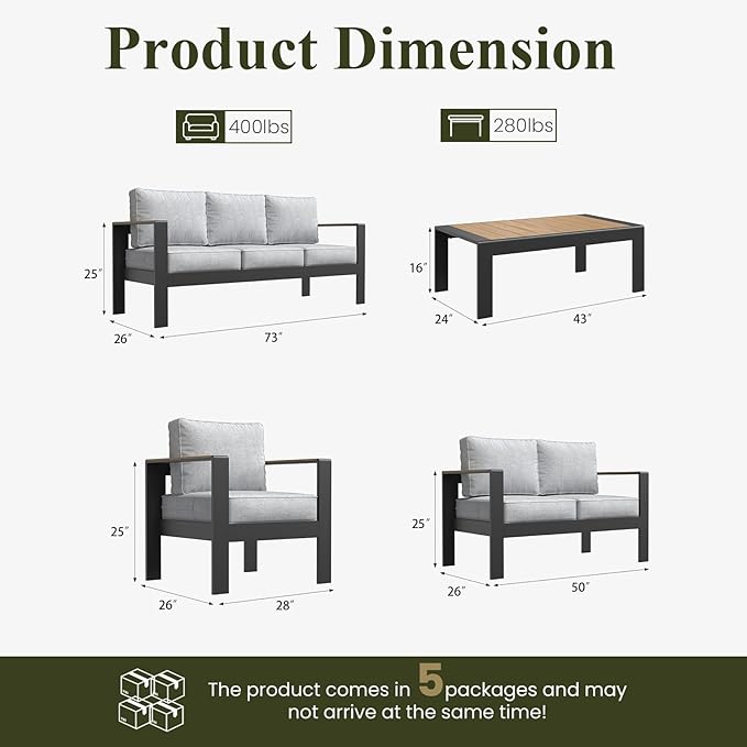 LayinSun 7 Piece Aluminum Outdoor Furniture Set with Coffee Table, Outside Patio Deep Seating Conversation Set with Upgraded Washable Thick Cushion