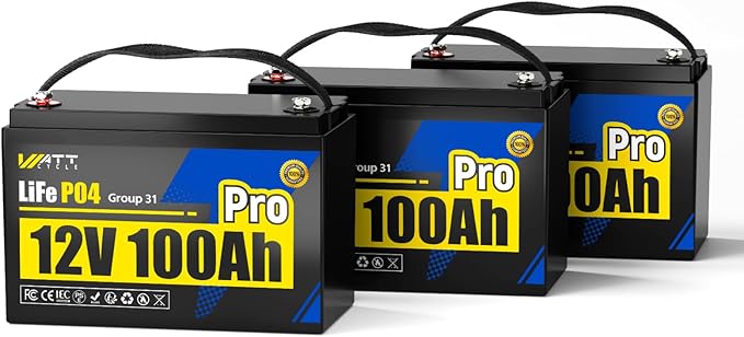 Wattcycle 12V 100Ah LiFePO4 Lithium Battery, BCI Group 31,Deep Cycle Up to 15000 Cycles, 100A BMS, Low Temperature Protection, 10 Years Lifespan, Perfect for RV/Home Energy Storage 3 Packs
