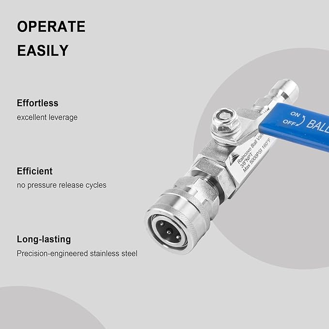 Ball Valve Pressure Washer for Hot Water, Stainless Steel, 3/8” Quick Connect Shut Off Valve for High Power Washer Gun and Hose, 5000 PSI