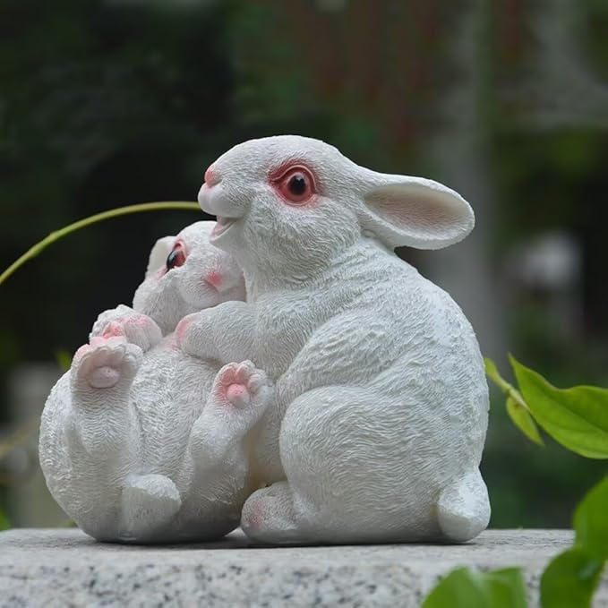 Garden Statues Bunny Decor Resin Hug Rabbit Figurine Cute Fairy Garden Decor Outdoor Statues for Patio Yard Porch Balcony Gifts for Women Mom Grandma White