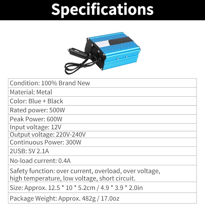 Keenso Power Inverter 500W DC 12V to AC 220V-240V Peak 600W Car Converter Dual USB Charger Adapter Vehicle Inverter Popular