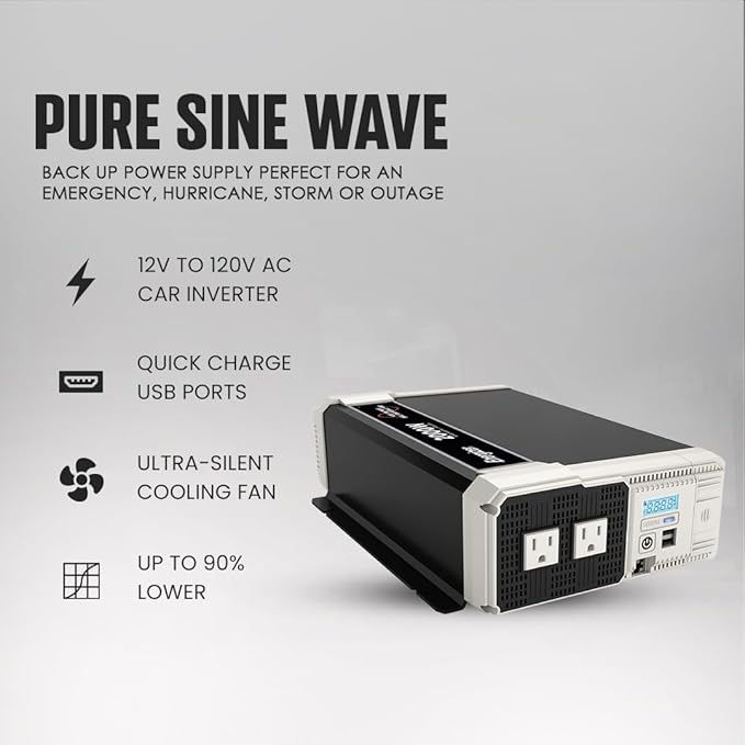 Energizer 2000 Watts Pure Sine Wave Power Inverter 12V DC to 110V/120V Converter for Family RV Off Grid Solar System with Dual USB Ports LCD Display & Installation Kit Included