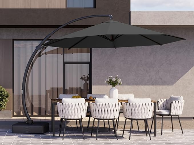 Kingdura 11ft Offset Cantilever Patio Umbrella with Base Included, Large Round Aluminum Outdoor Umbrella, 360° Rotation & Infinite Tilt, Heavy Duty Frame for Deck Pool Backyard, Grey