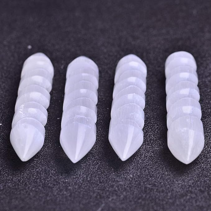 JIC Gem 4pc Selenite Spiral Wand Double Point Moroccan Selenite Crystals and Healing Stones 6-6.5 inch