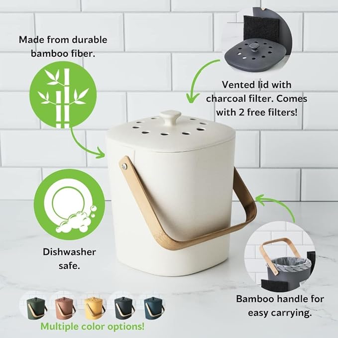 Bamboozle Countertop Compost Bin Kitchen | 1 Gallon | Odorless Composting Bin with Filters | Indoor Compost Bin with Lid | Plant Based Kitchen Composter for Food Scraps & Waste Recycling | Natural