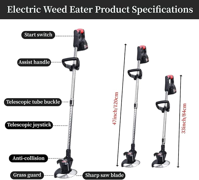 21V Electric Weed Wacker with Wheel, Cordless Weed Eater with 2 x Batteries & 1 Charger, 3 in 1 Grass String Trimmer/Brush Cutter/Edger, Stringless Lightweight Weed Trimmer for Garden, Yard and Lawn