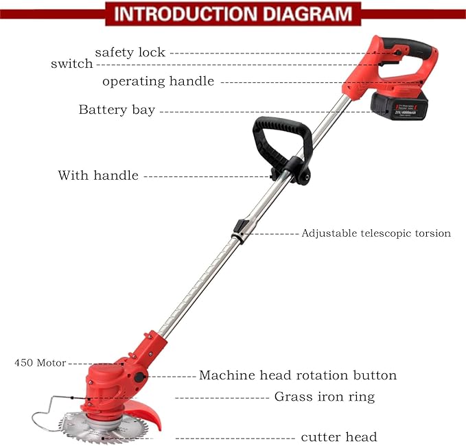 Weed Wacker Cordless Electric Brush Cutter Stringless Weed Eater with 2 Types Blades 2 Batteries Lightweight for Garden Yard Lawn Trimming/Pruning,1 Charger Red