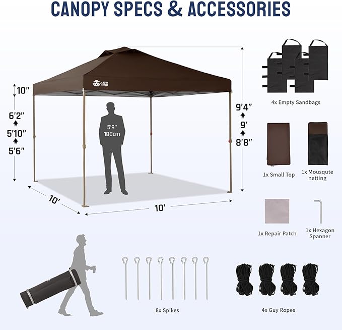 CROWN SHADES Gazebo 10x10, Pop Up Gazebo with Mosquito Netting, Screen Tent with 4 Ropes, 8 Stakes, 4 Sandbags and Wheeled Storage Bag, Canopy for Patio & Backyard, Coffee
