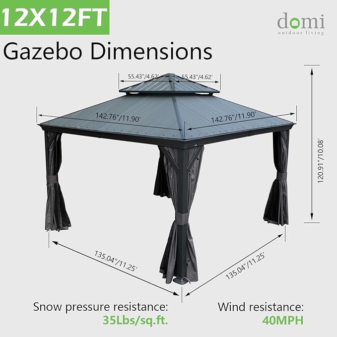 Domi 12’x12’ Hardtop Gazebo with Gutters, Outdoor Patio Gazebo Canopy with Resin & Metal Roof, Heavy Duty Permanent Pavilion for Backyard, Deck, Hot Tub, Curtains and Mosquito Netting Included