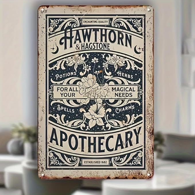 Hawthorne & Hagsitone Apothecary Metal Tin Sign - 12x8 Inch Vintage Retro Wall Decor, Antique Pharmacy Iron Plaque, Multipurpose Wall Hanging for Home, Magic Herbs & Potions Theme