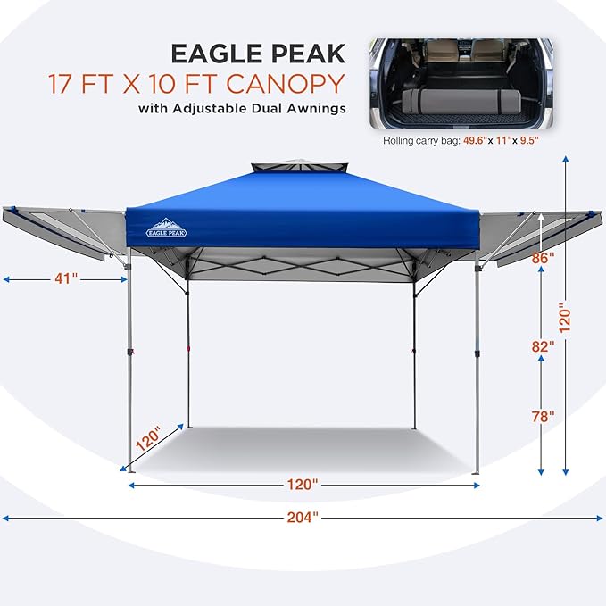 EAGLE PEAK 17x10 Pop up Gazebo Canopy Tent Outdoor Instant Canopy Shelter with Adjustable Dual Half Awnings (Sky Blue)