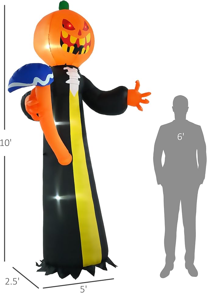 10ft Inflatable Halloween Decoration Pumpkin Head Ghost with Hammer, Waterproof Outdoor Decorations, Blow Up LED Yard Decor for Garden, Lawn, Party, Holiday